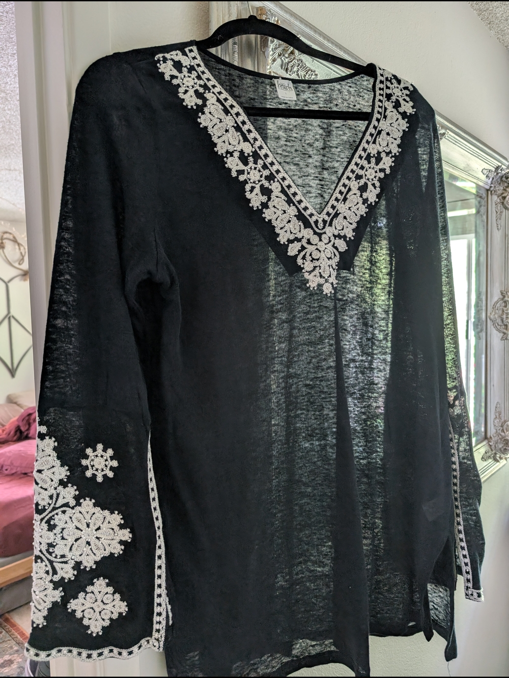 INC International Concepts Black Tunic with White Lace Trim